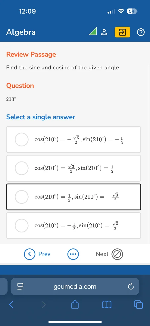 review passage find the sine and cosine of the given angle question 210…