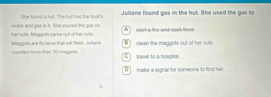 she found a hut. the hut had the boats motor and gas in it. she poured …