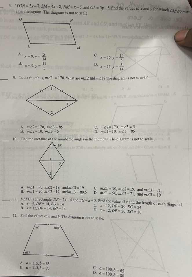 5. if $on=5x-7, lm=4x+8, nm=x-6$, and $ol=5y-5$, find the values of $x$…