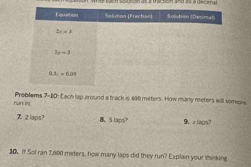 write each solution as a fraction and as a decimal. equation | solution…