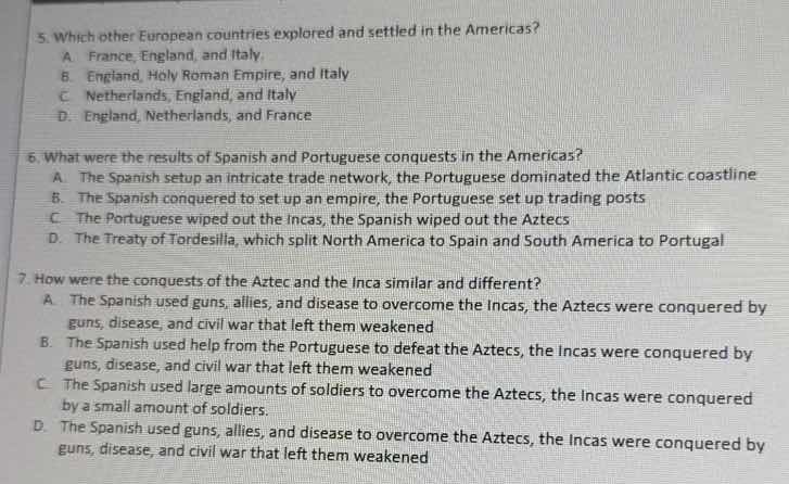 5. which other european countries explored and settled in the americas?…