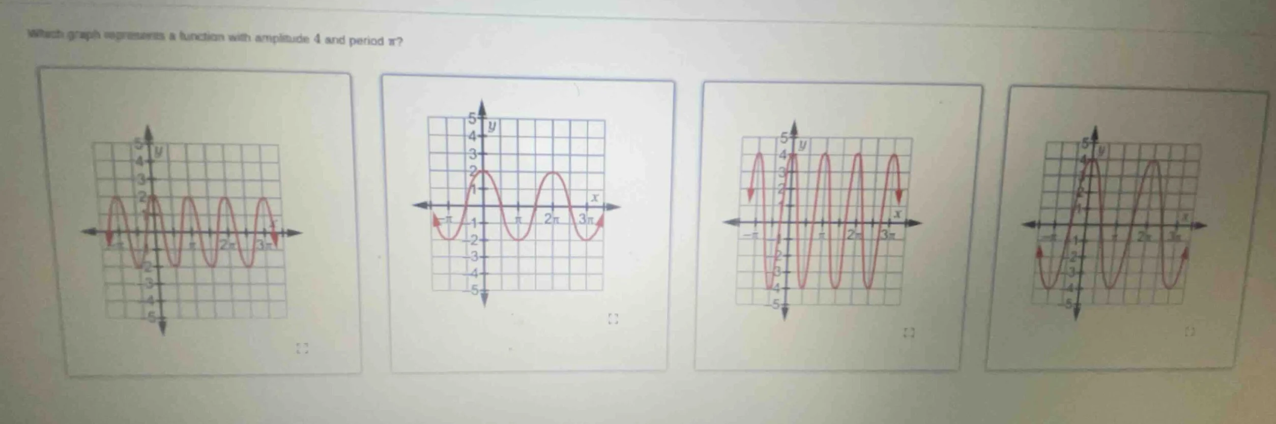 which graph represents a function with amplitude 4 and period $pi$?
