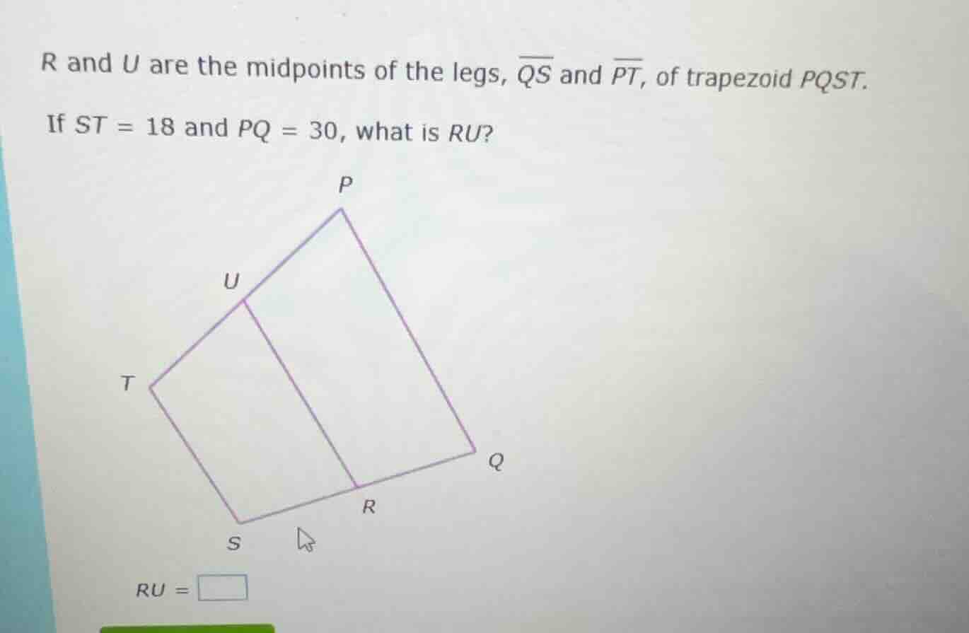 r and u are the midpoints of the legs, $overline{qs}$ and $overline{pt}…