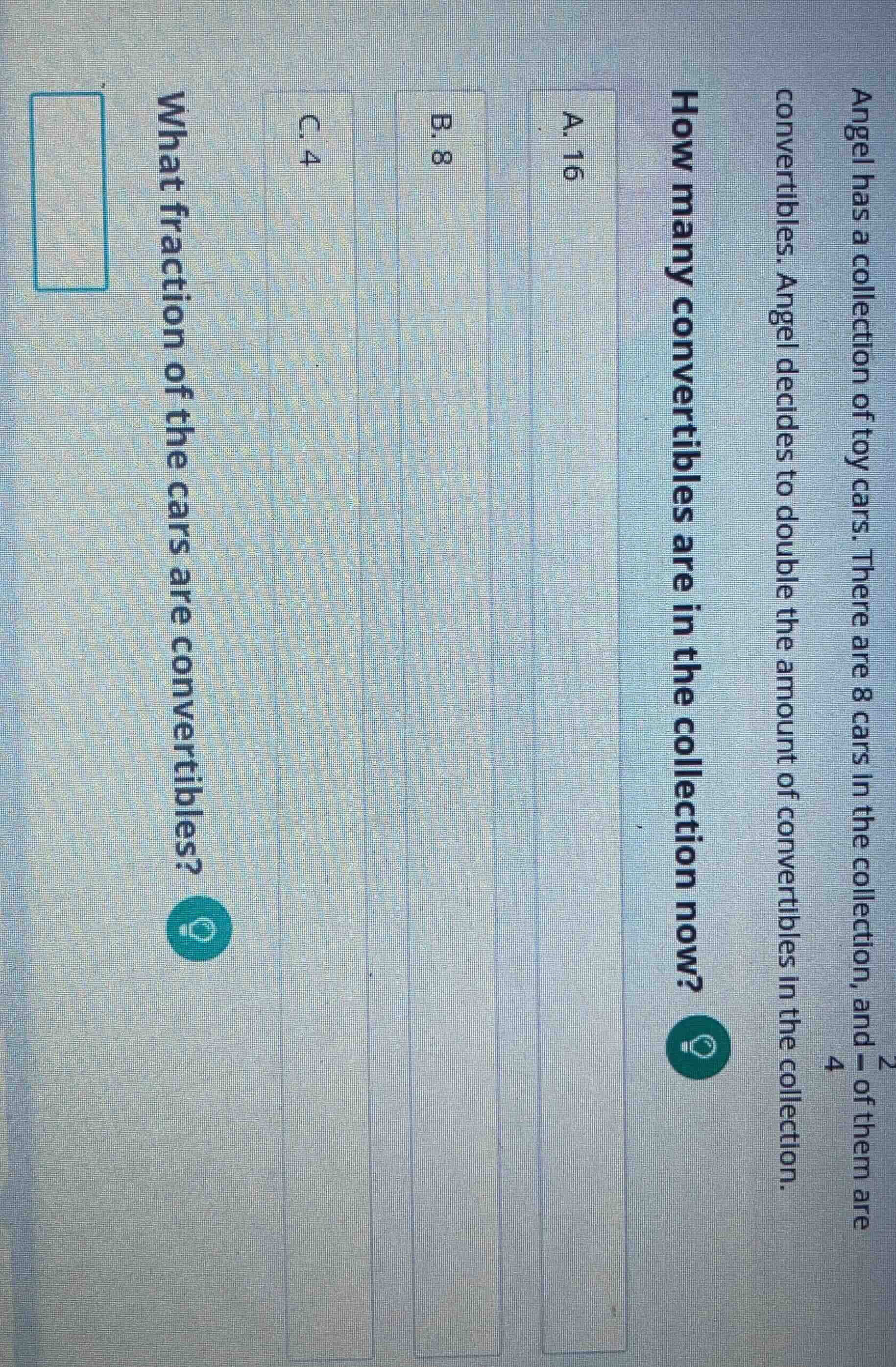 angel has a collection of toy cars. there are 8 cars in the collection,…