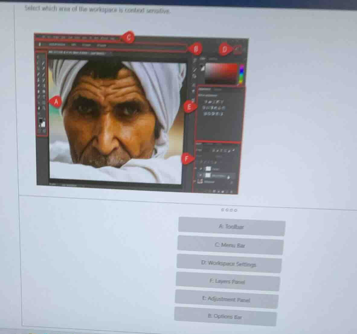 select which area of the workspace is context sensitive. a: toolbar c: …