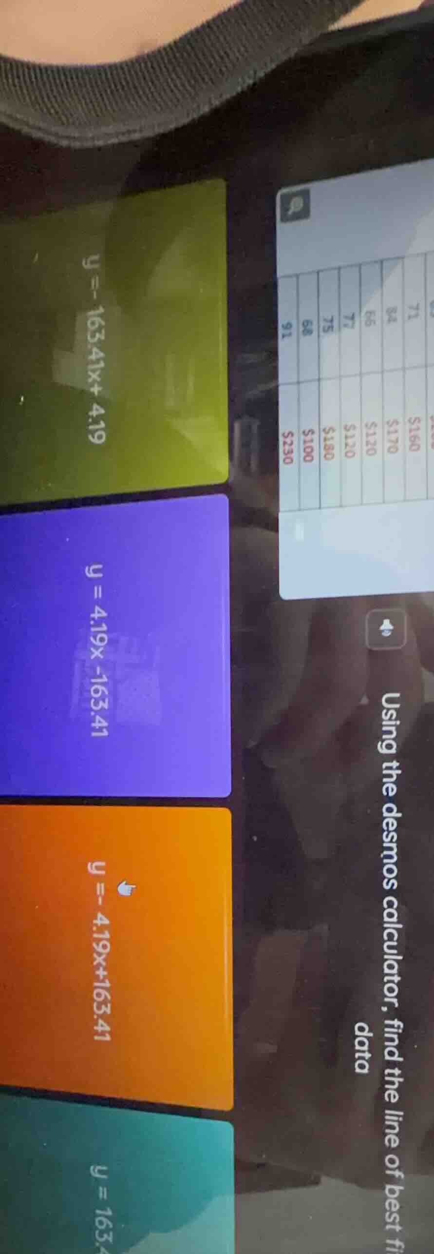 using the desmos calculator, find the line of best fit data 71 84 66 77…