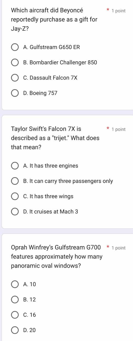 which aircraft did beyoncé reportedly purchase as a gift for jay-z? a. …