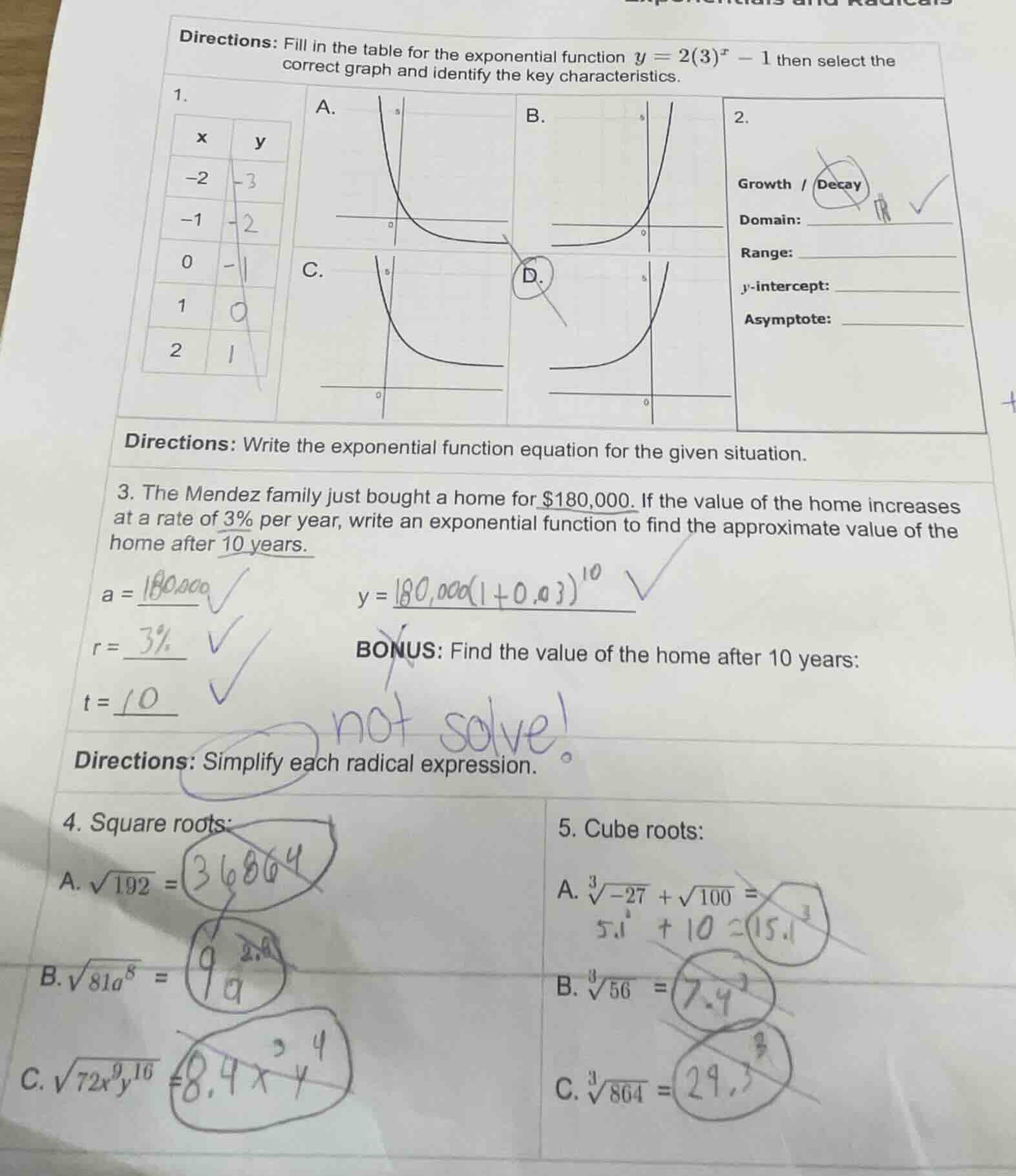 directions: fill in the table for the exponential function $y = 2(3)^x …