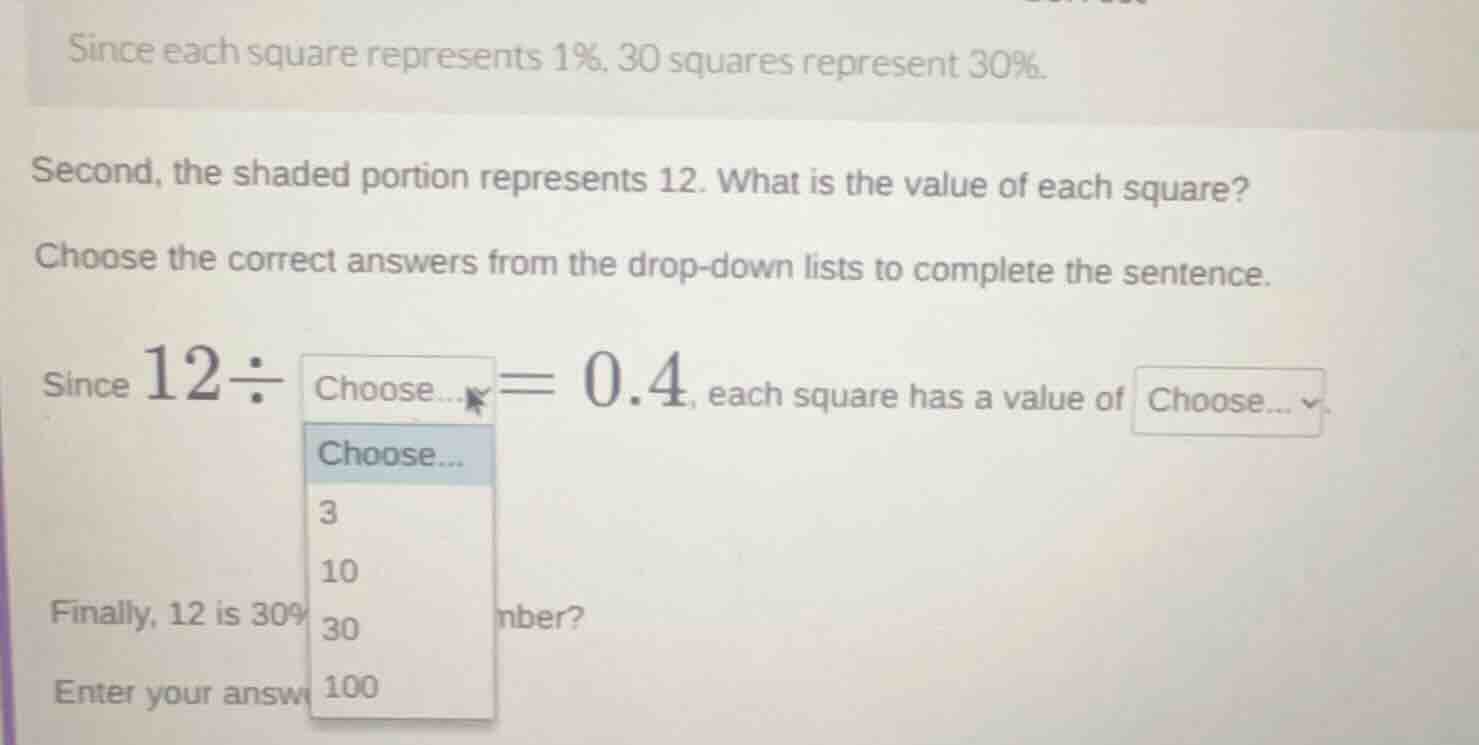 since each square represents 1%, 30 squares represent 30%. second, the …