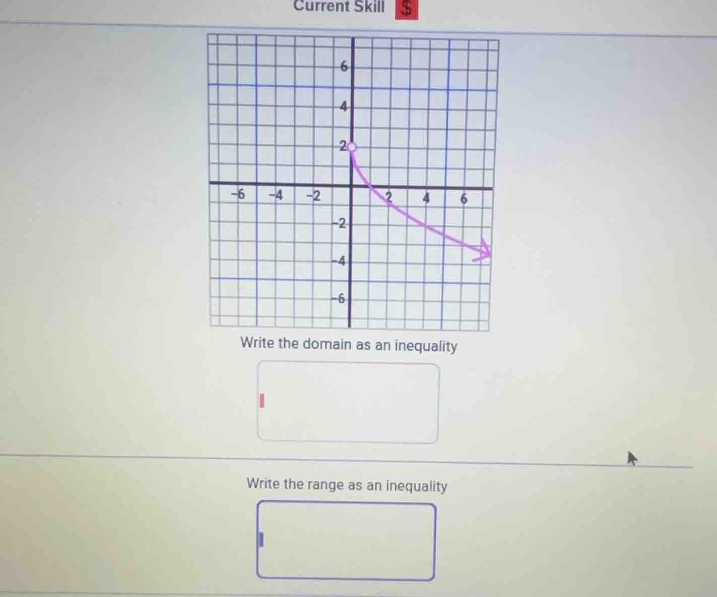 current skill $write the domain as an inequalitywrite the range as an i…