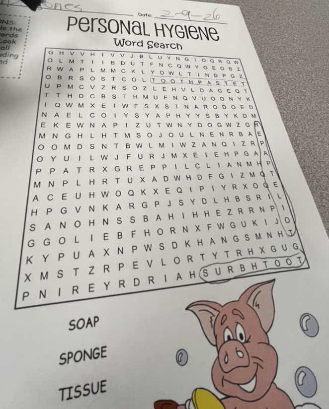 date: 2-9-26 personal hygiene word search soap sponge tissue