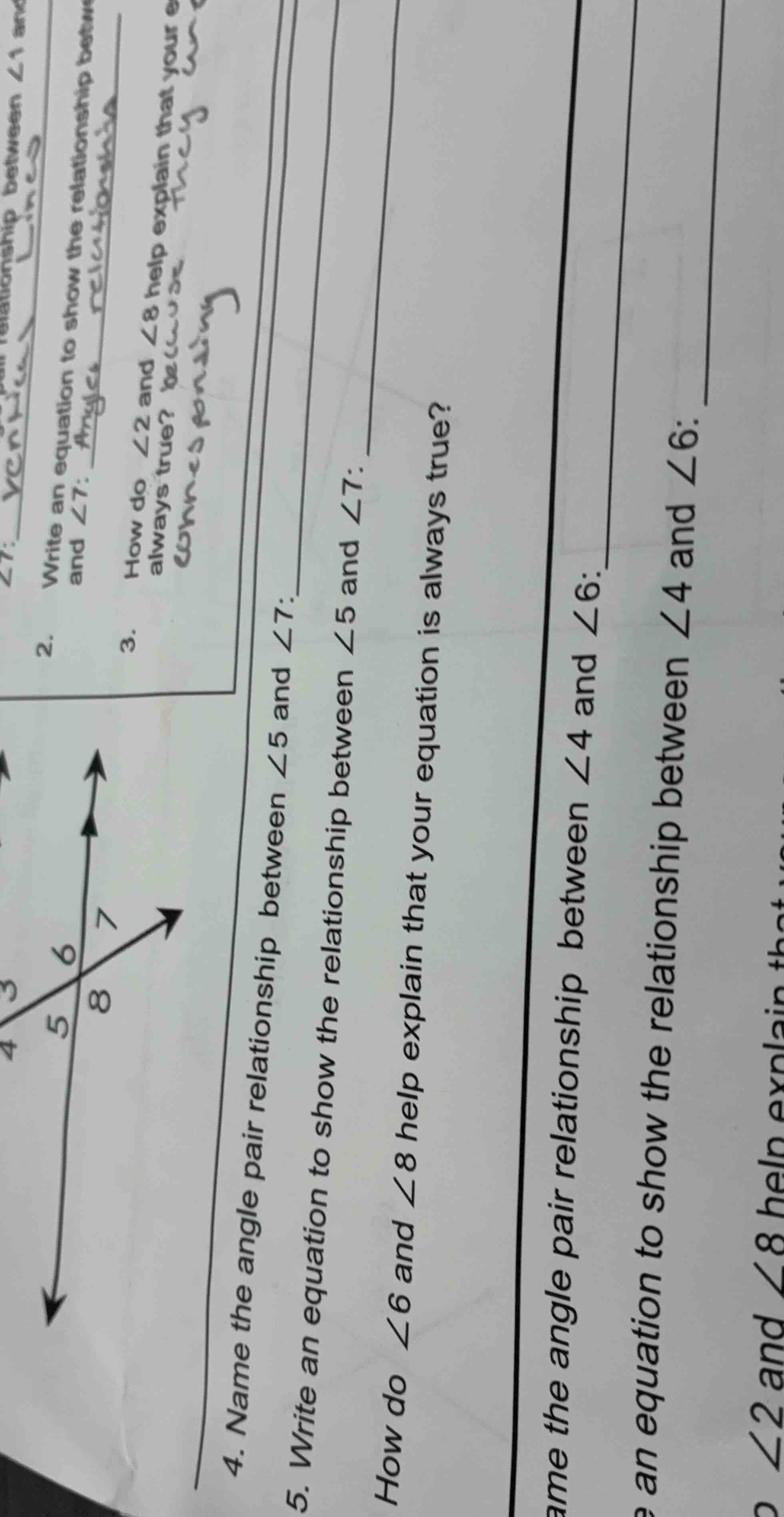1. name the angle pair relationship between $\\angle 1$ and $\\angle 7$…
