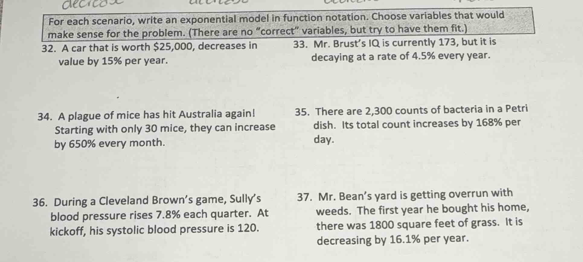 for each scenario, write an exponential model in function notation. cho…