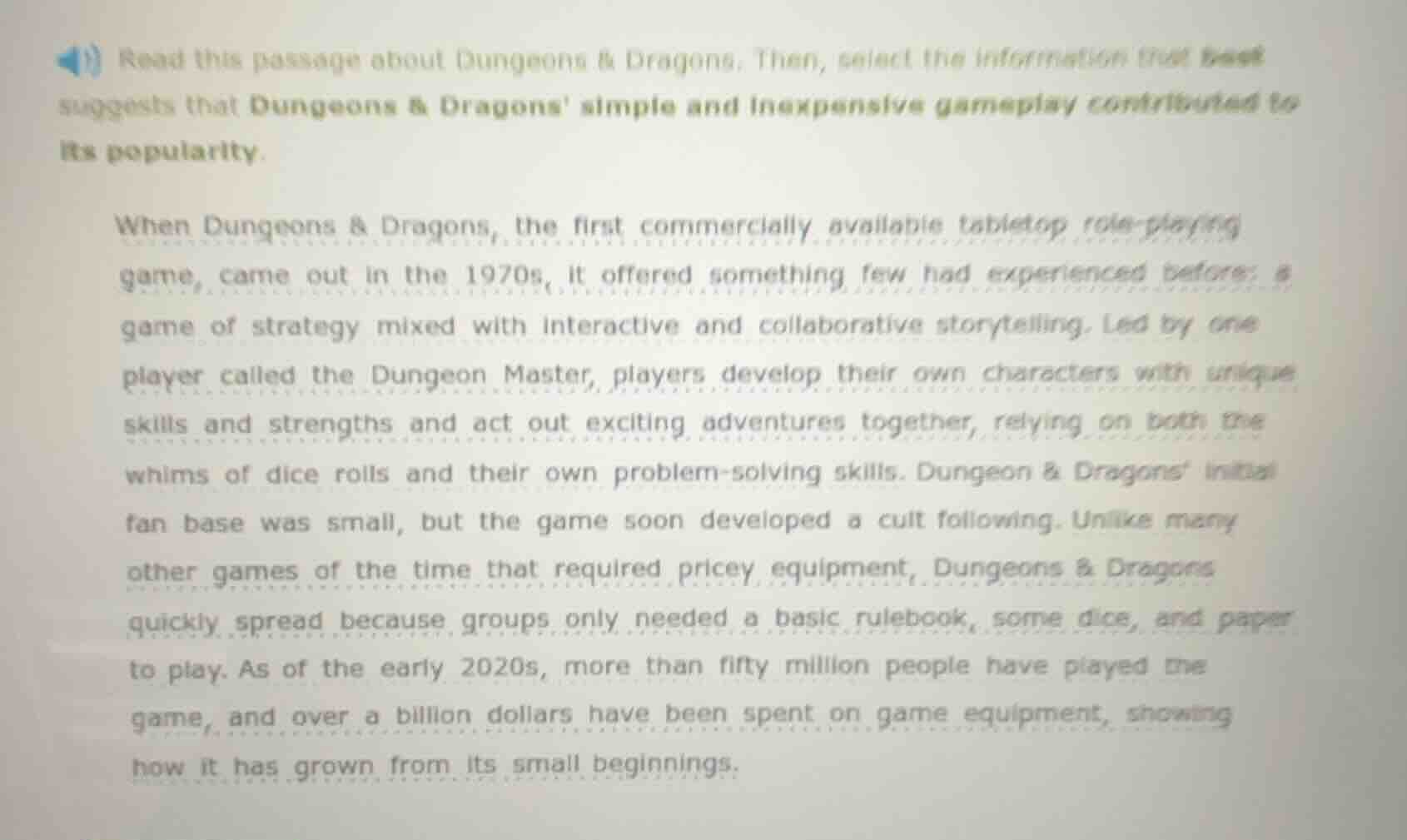 read this passage about dungeons & dragons. then, select the informatio…