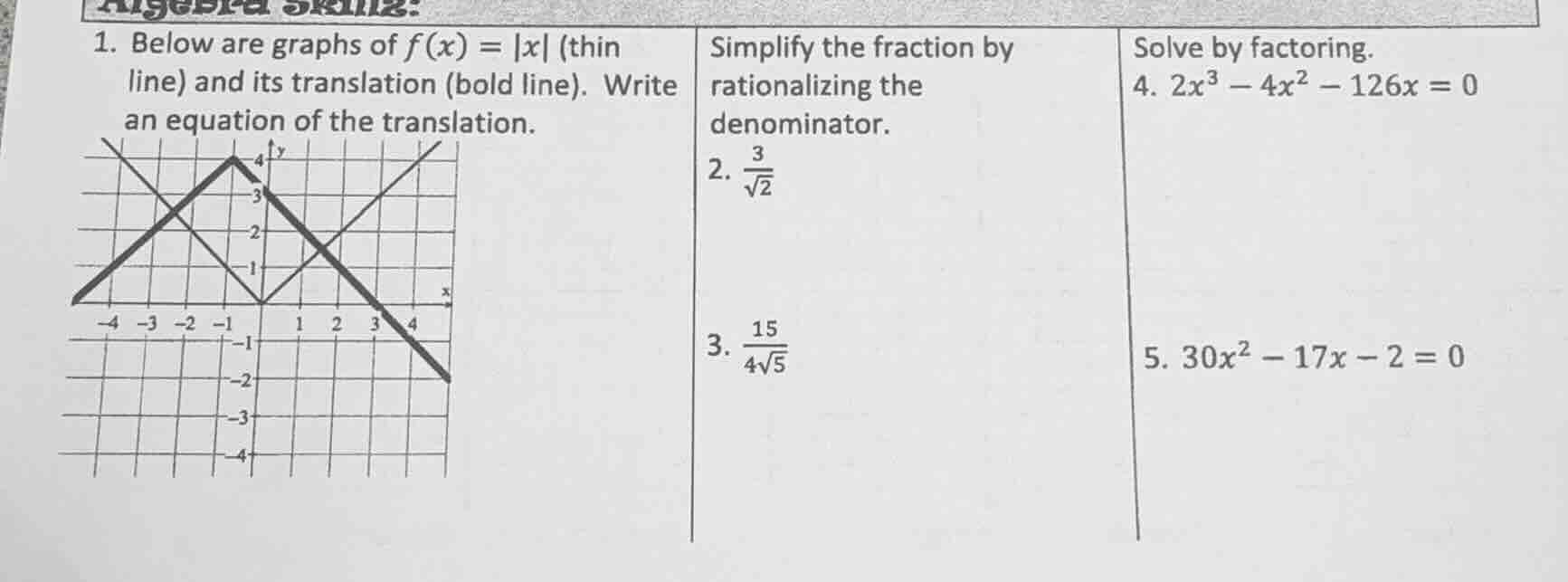 1. below are graphs of $f(x) = |x|$ (thin line) and its translation (bo…