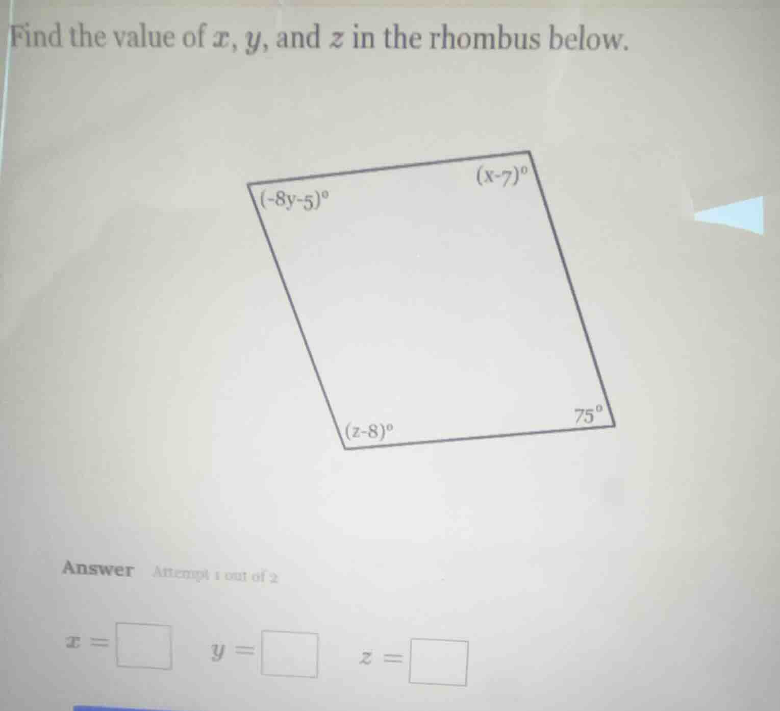 find the value of $x$, $y$, and $z$ in the rhombus below. $(-8y-5)^\\ci…