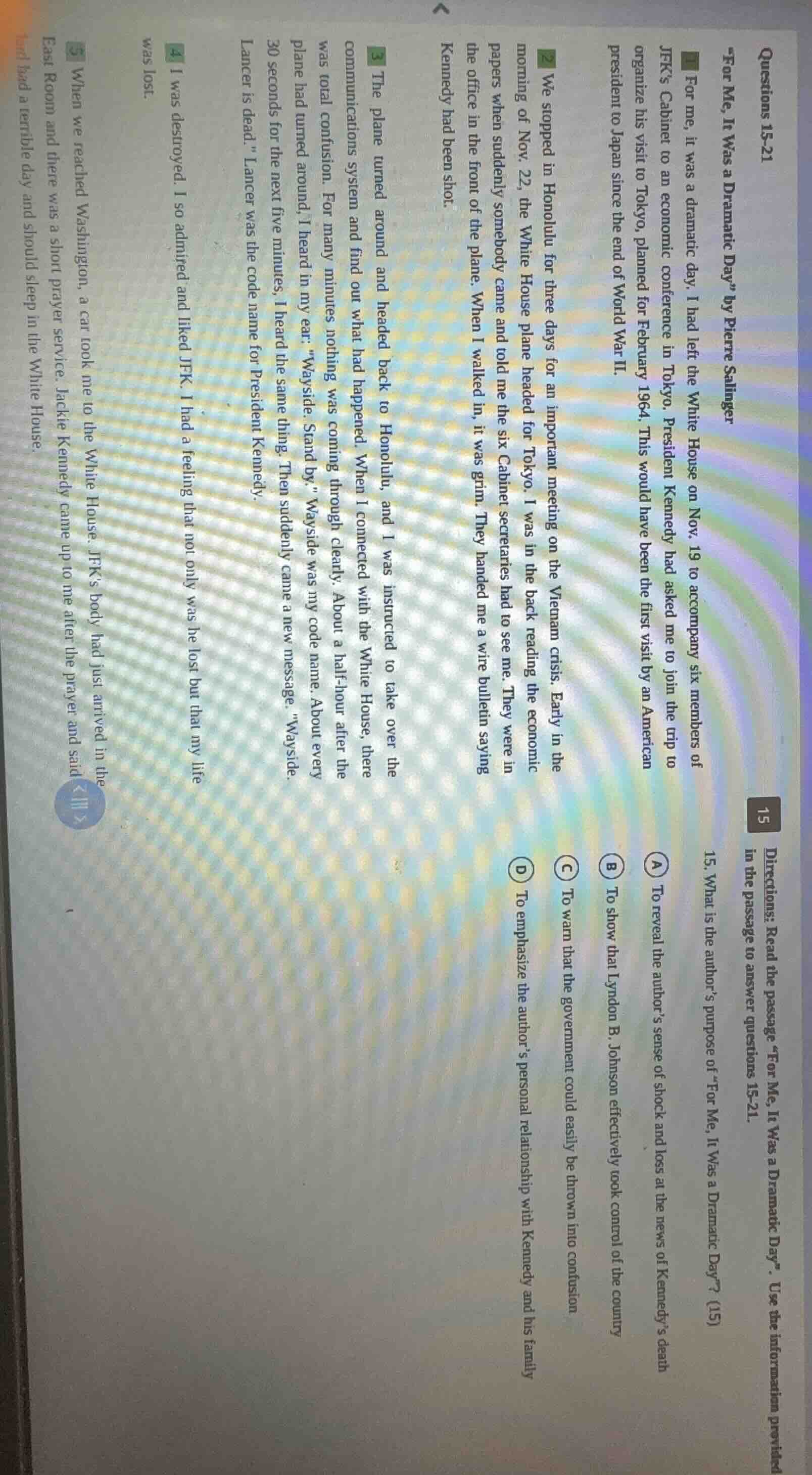 questions 15-21 \for me, it was a dramatic day\ by pierre salinger 1 fo…