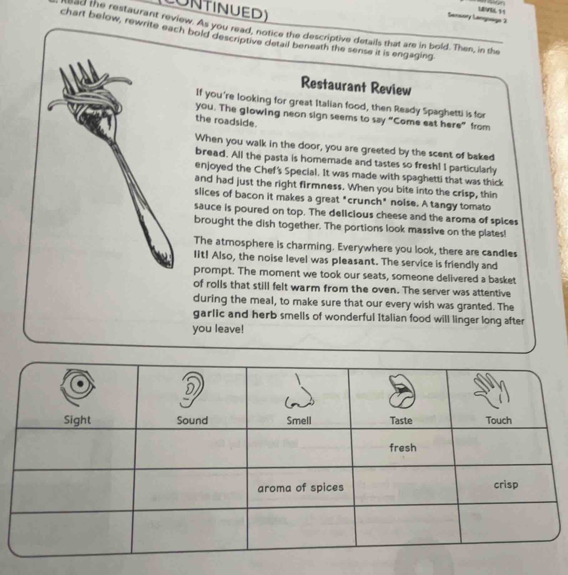 (continued) level 11 sensory language 2 read the restaurant review. as …