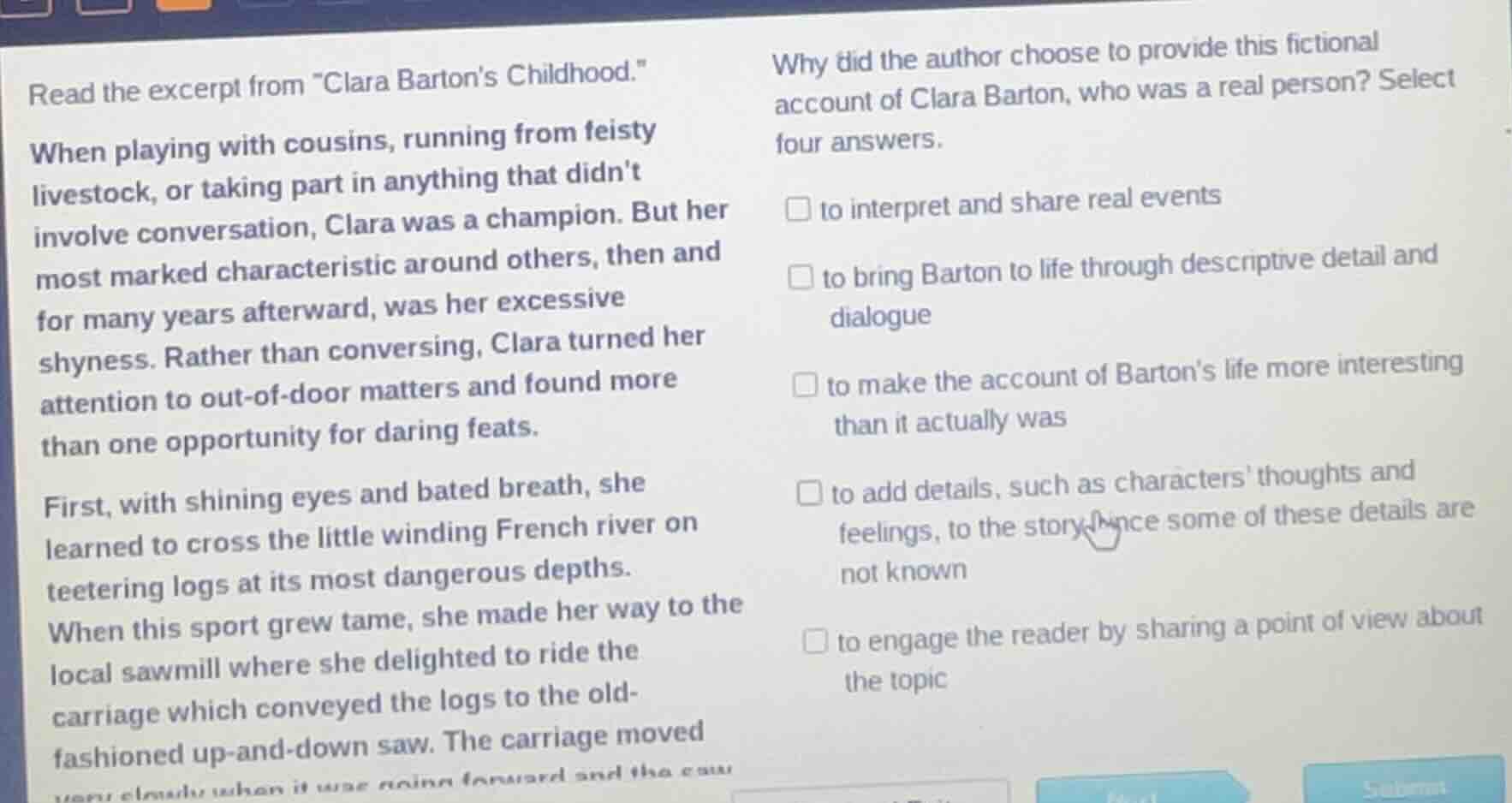 read the excerpt from \clara bartons childhood.\when playing with cousi…