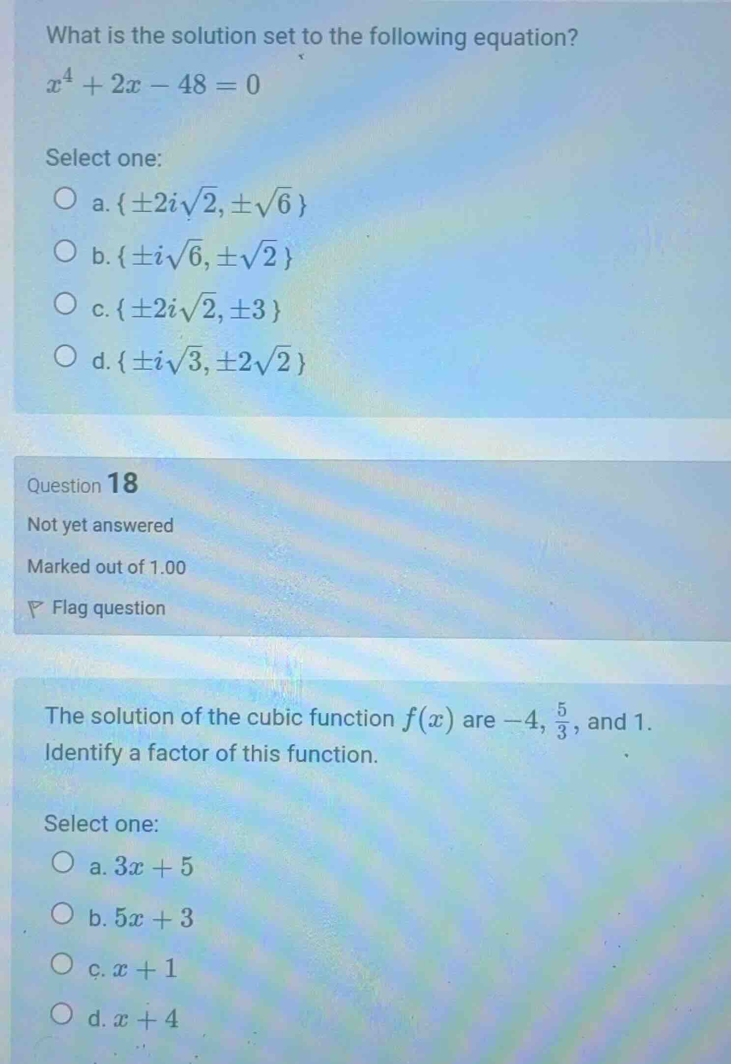 what is the solution set to the following equation? $x^4 + 2x - 48 = 0$…