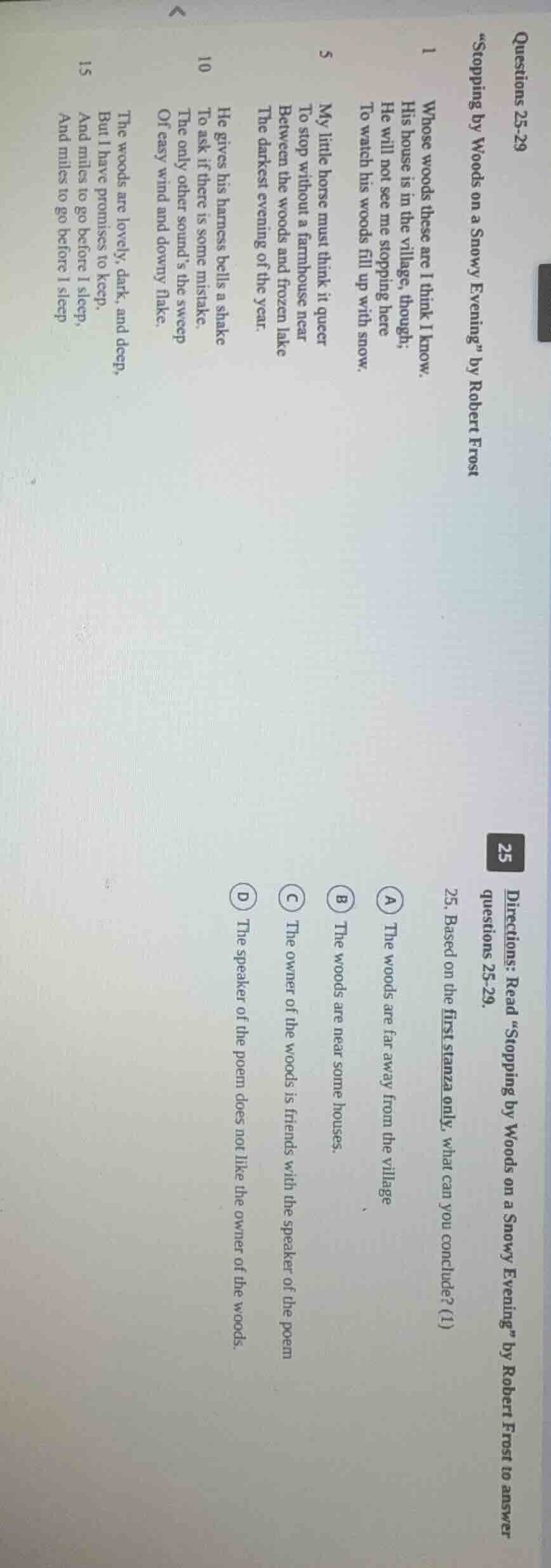 questions 25-29 \stopping by woods on a snowy evening\ by robert frost …