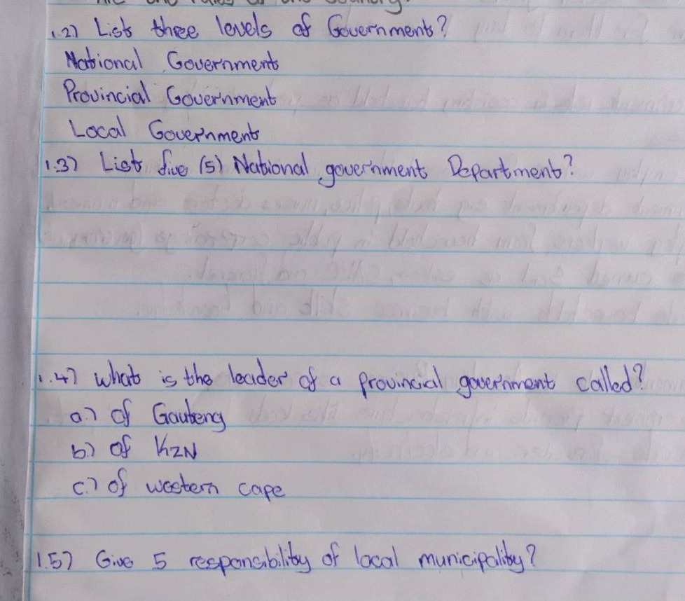 (2) list three levels of government? national government provincial gov…