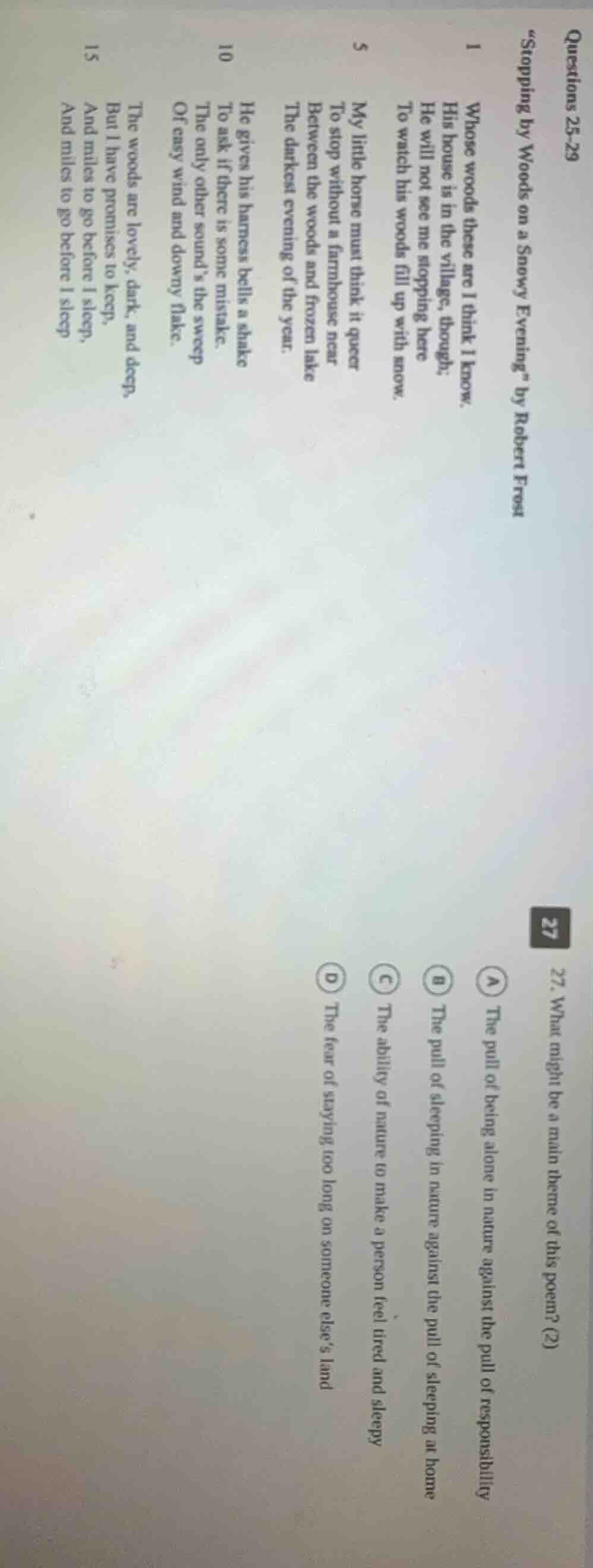 questions 25-29 \stopping by woods on a snowy evening\ by robert frost …