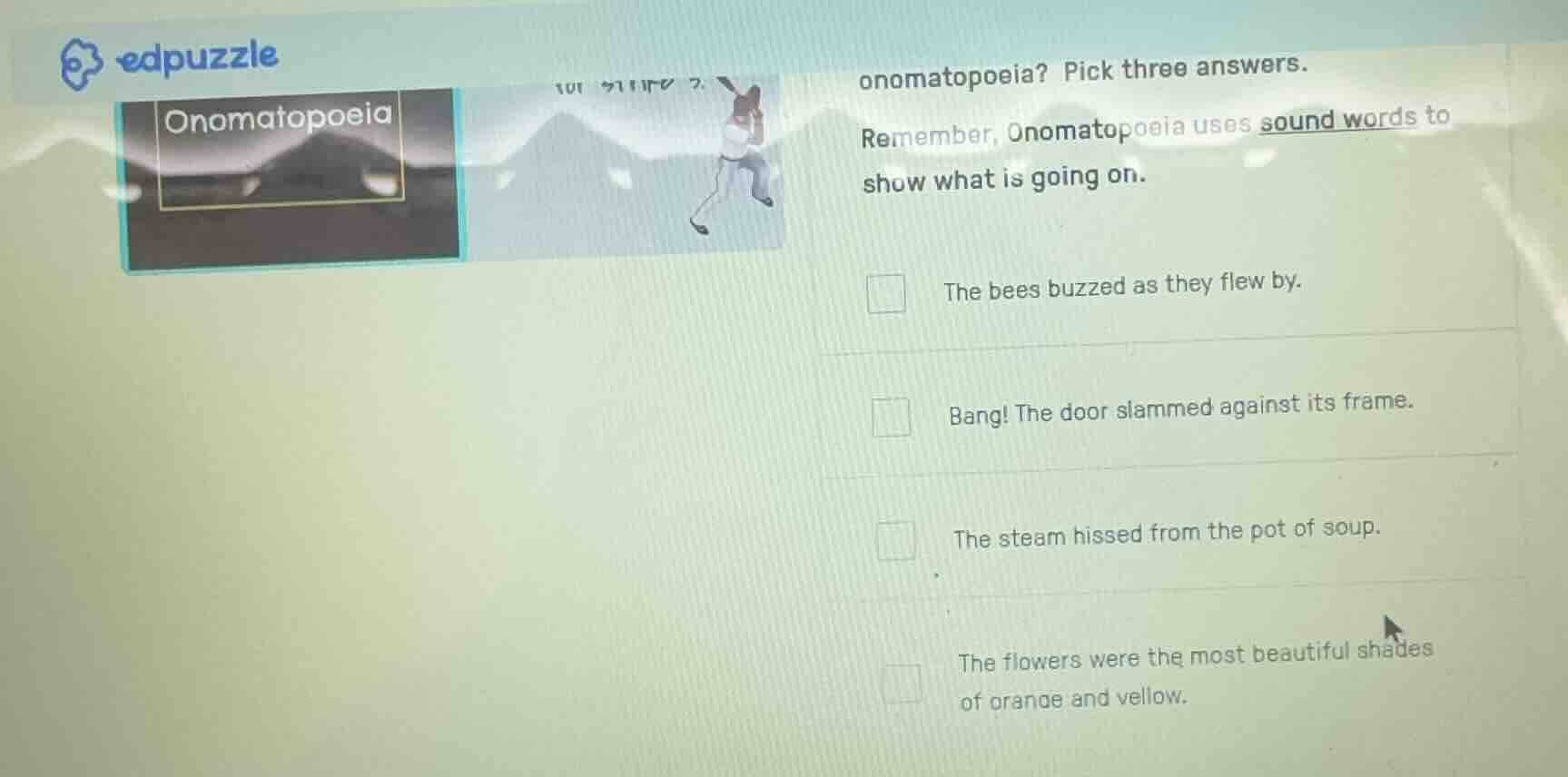 onomatopoeia onomatopoeia? pick three answers. remember, onomatopoeia u…