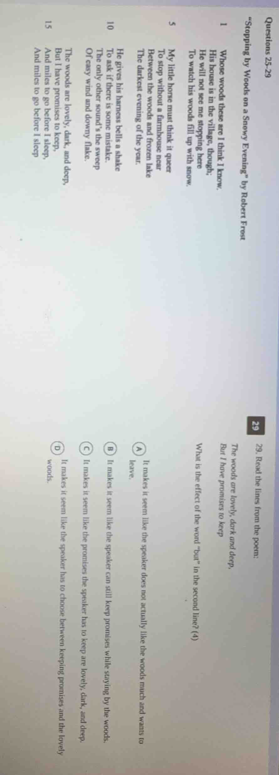 questions 25-29 \stopping by woods on a snowy evening\ by robert frost …