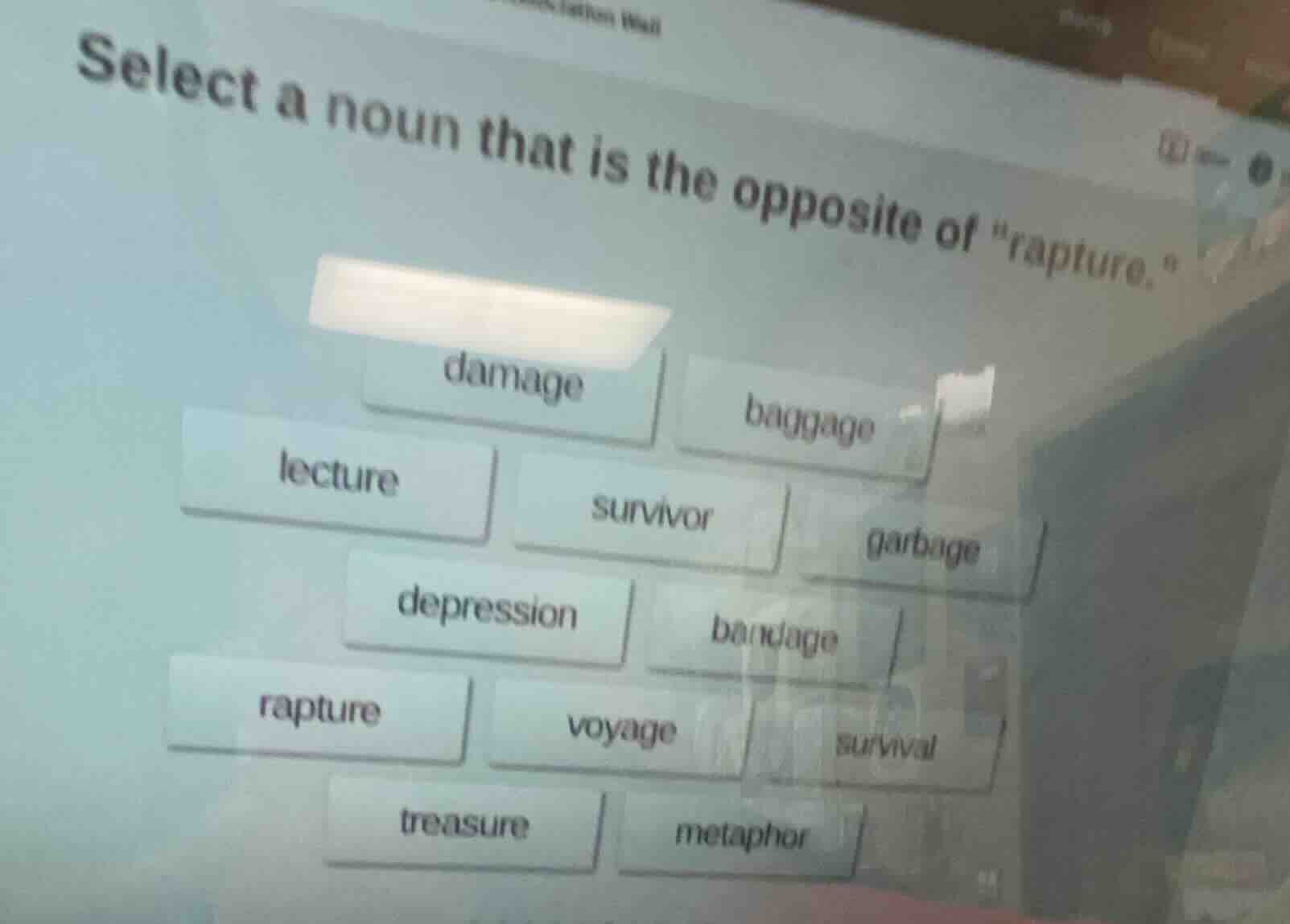 select a noun that is the opposite of apture.\damagebaggagelecturesurvi…