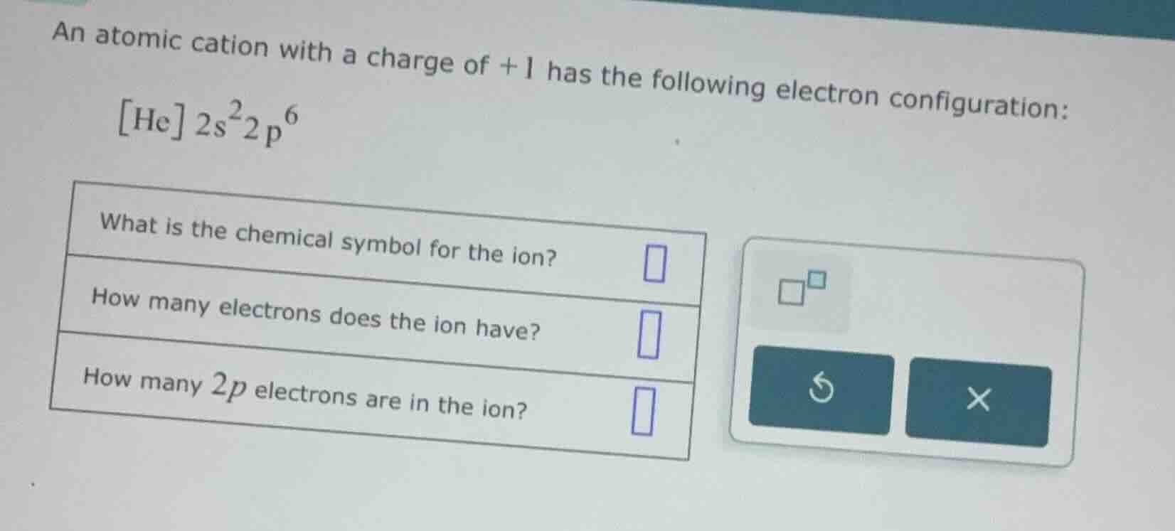 an atomic cation with a charge of +1 has the following electron configu…