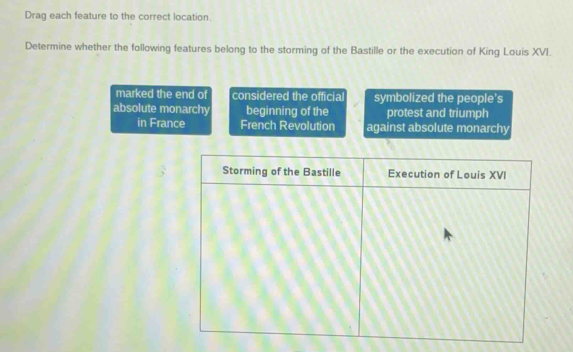 drag each feature to the correct location. determine whether the follow…