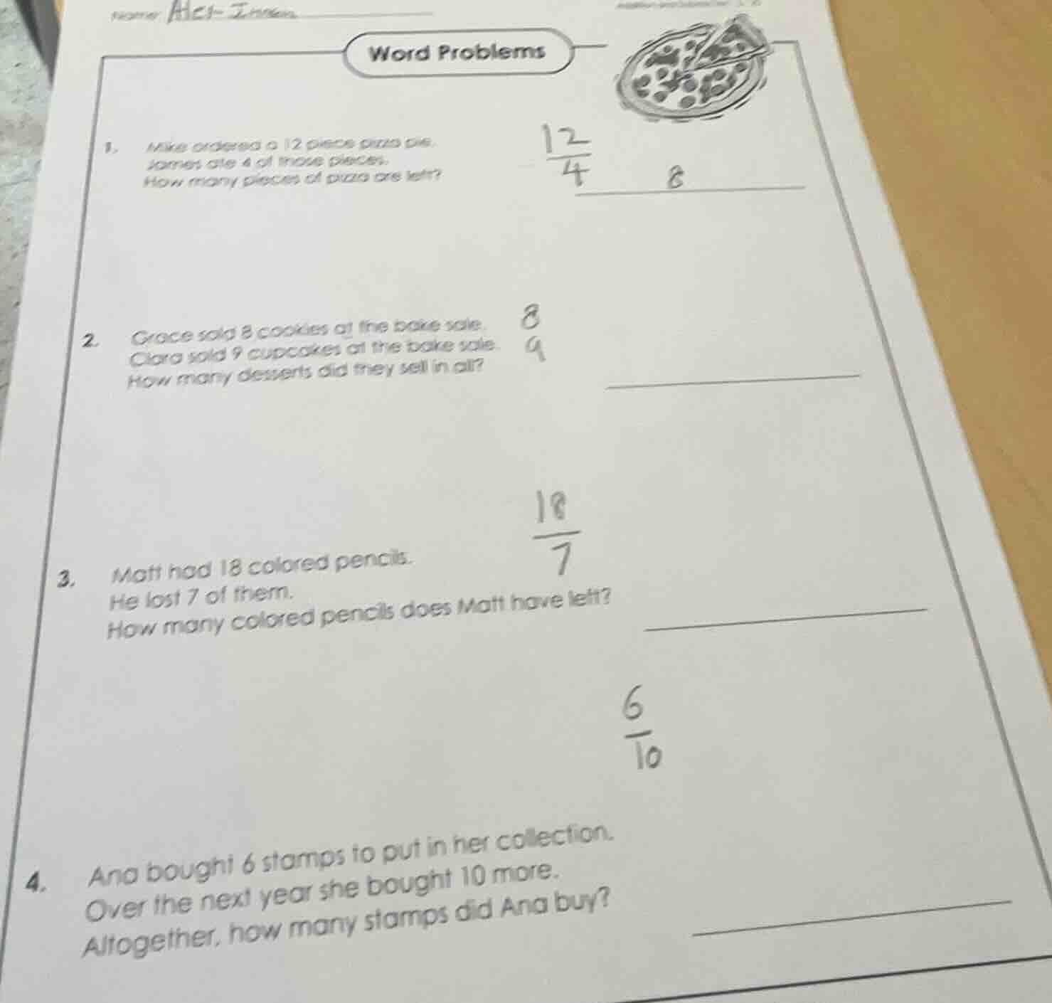 word problems 1. mike ordered a 12 piece pizza pie. james ate 4 of thos…