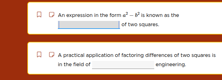 an expression in the form $a^2 - b^2$ is known as the ______ of two squ…