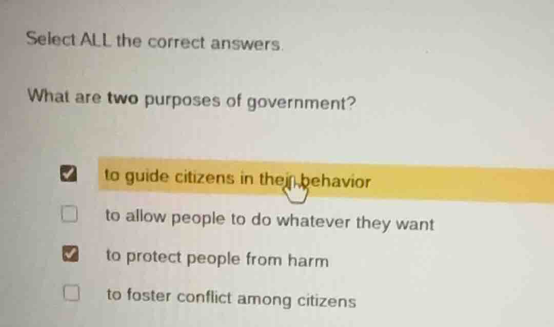 select all the correct answers. what are two purposes of government? ☑ …