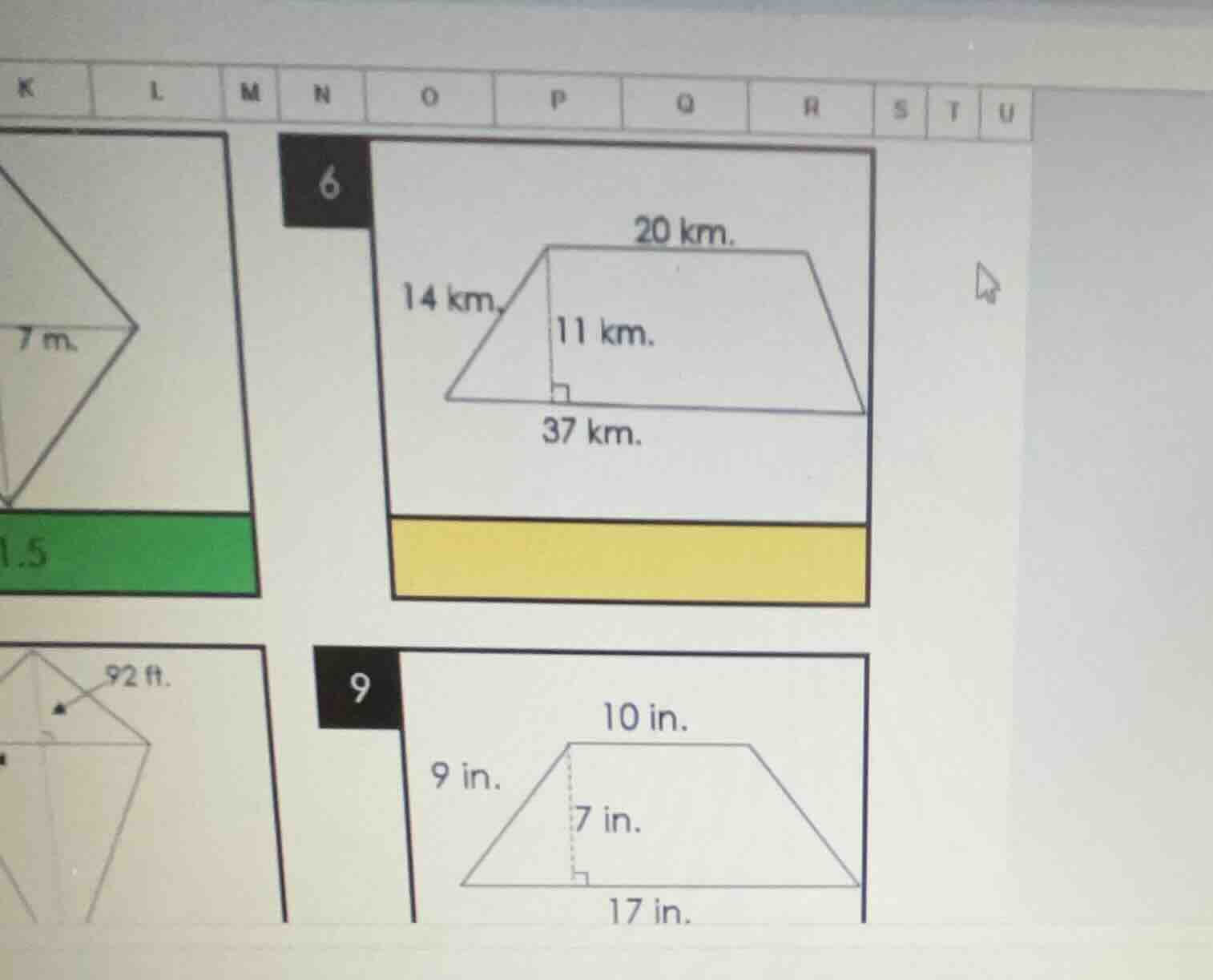 6 20 km. 14 km. 11 km. 37 km. 9 10 in. 9 in. 7 in. 17 in.