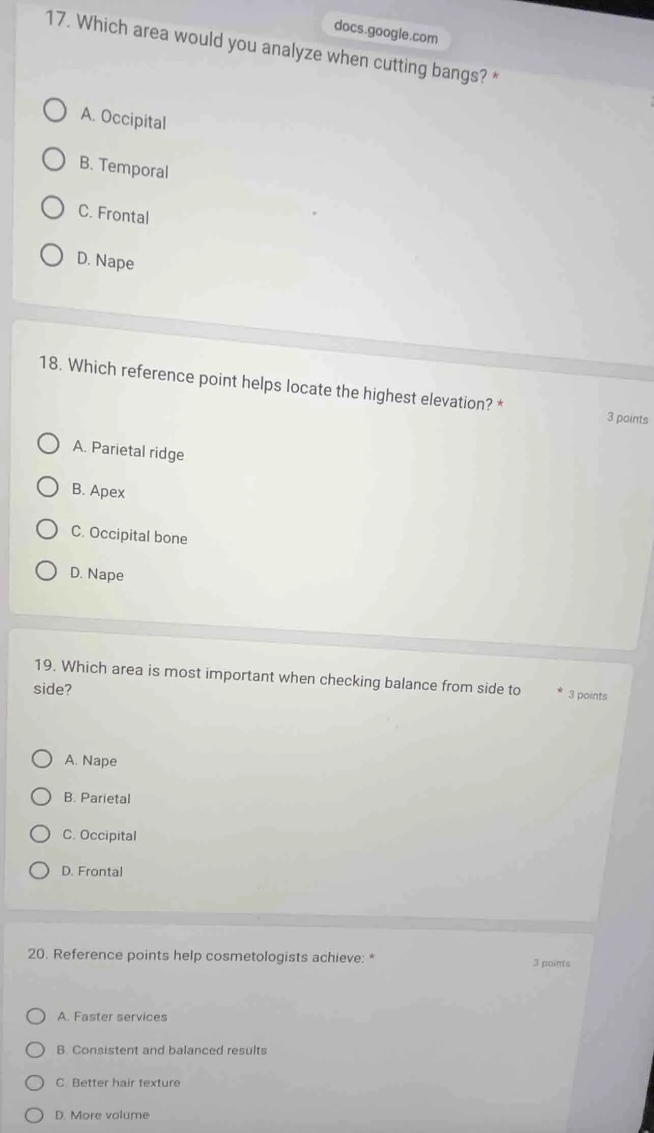 17. which area would you analyze when cutting bangs? *a. occipitalb. te…