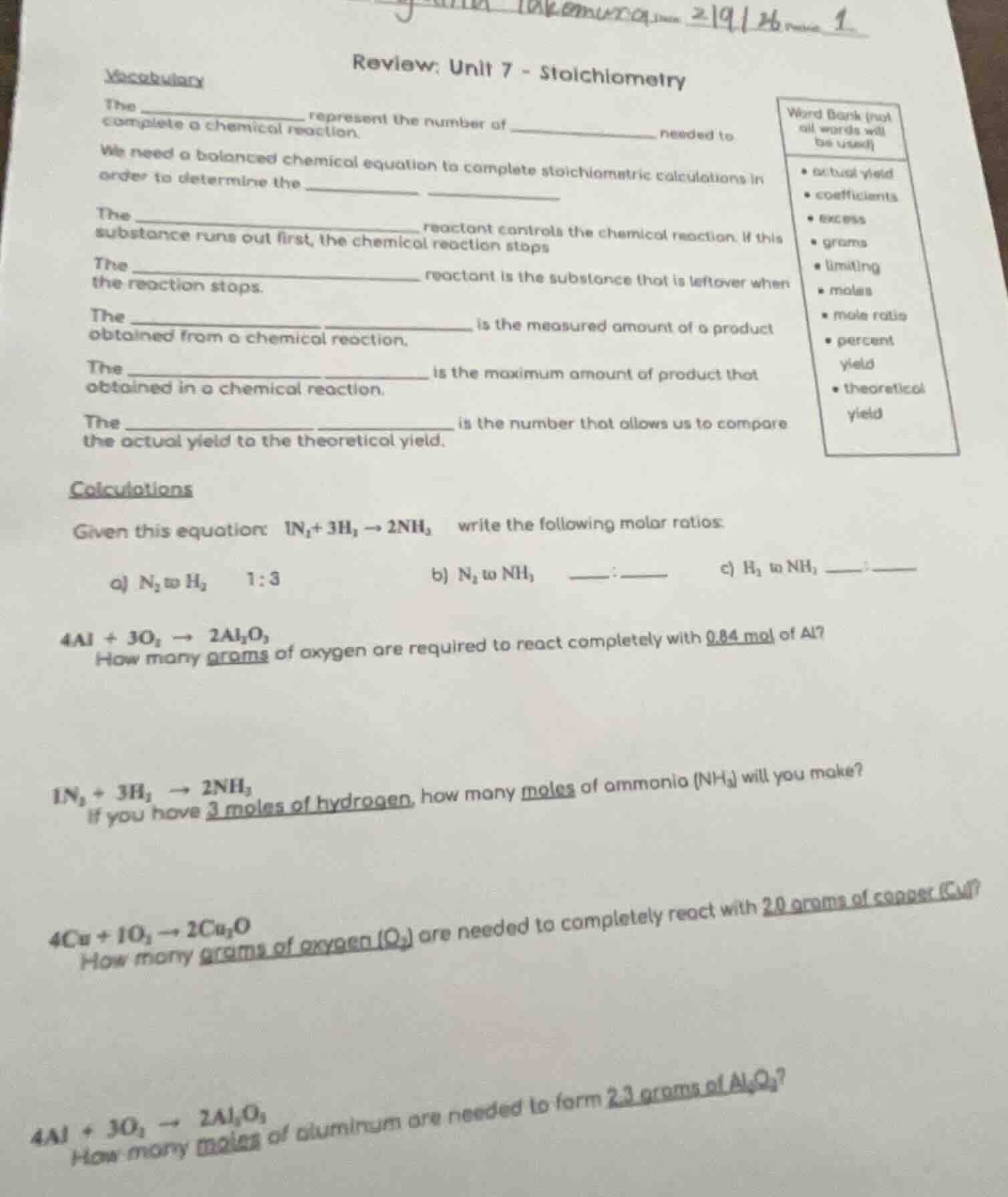 review: unit 7 - stoichiometryvocabularythe ____________ represent the …