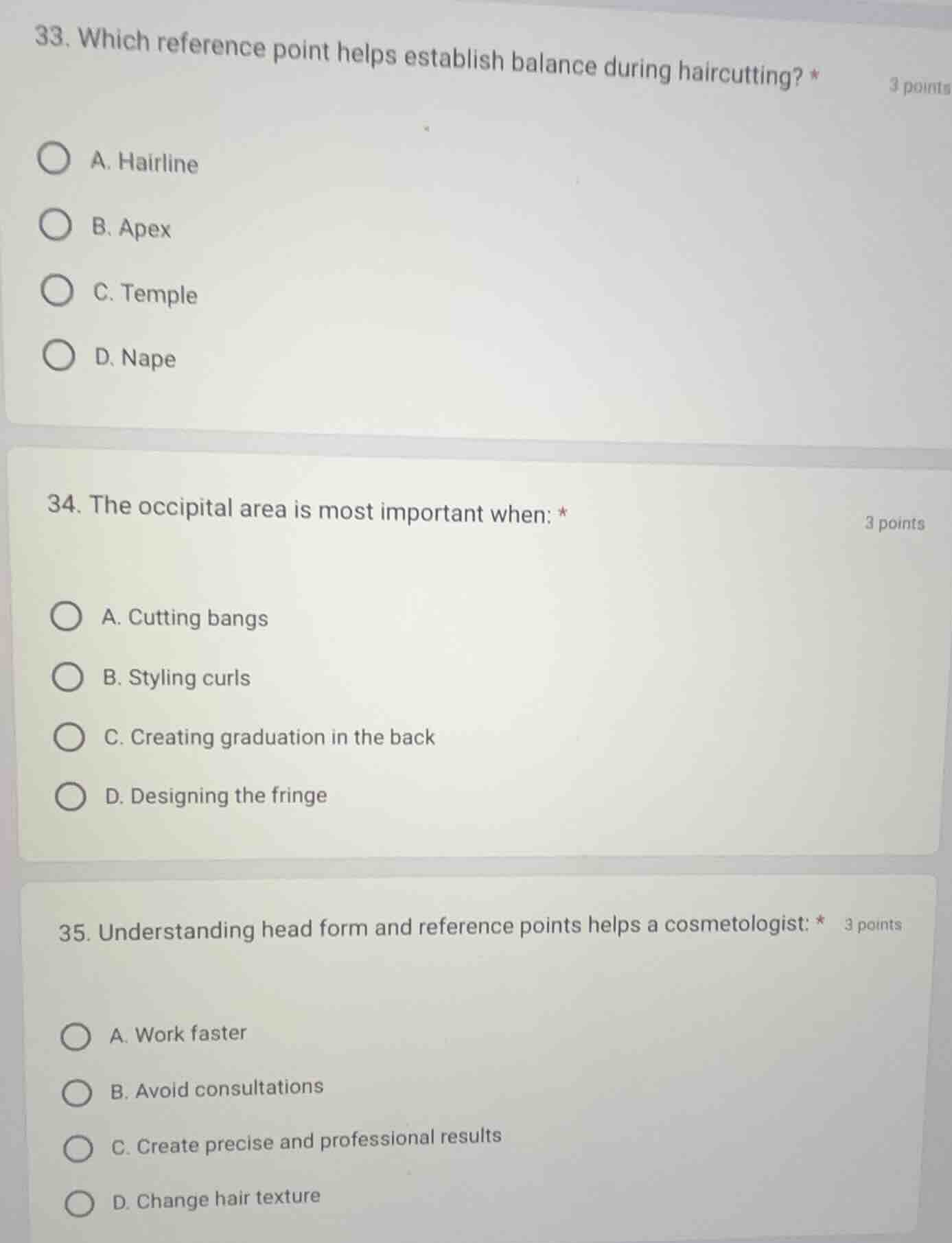 33. which reference point helps establish balance during haircutting? *…