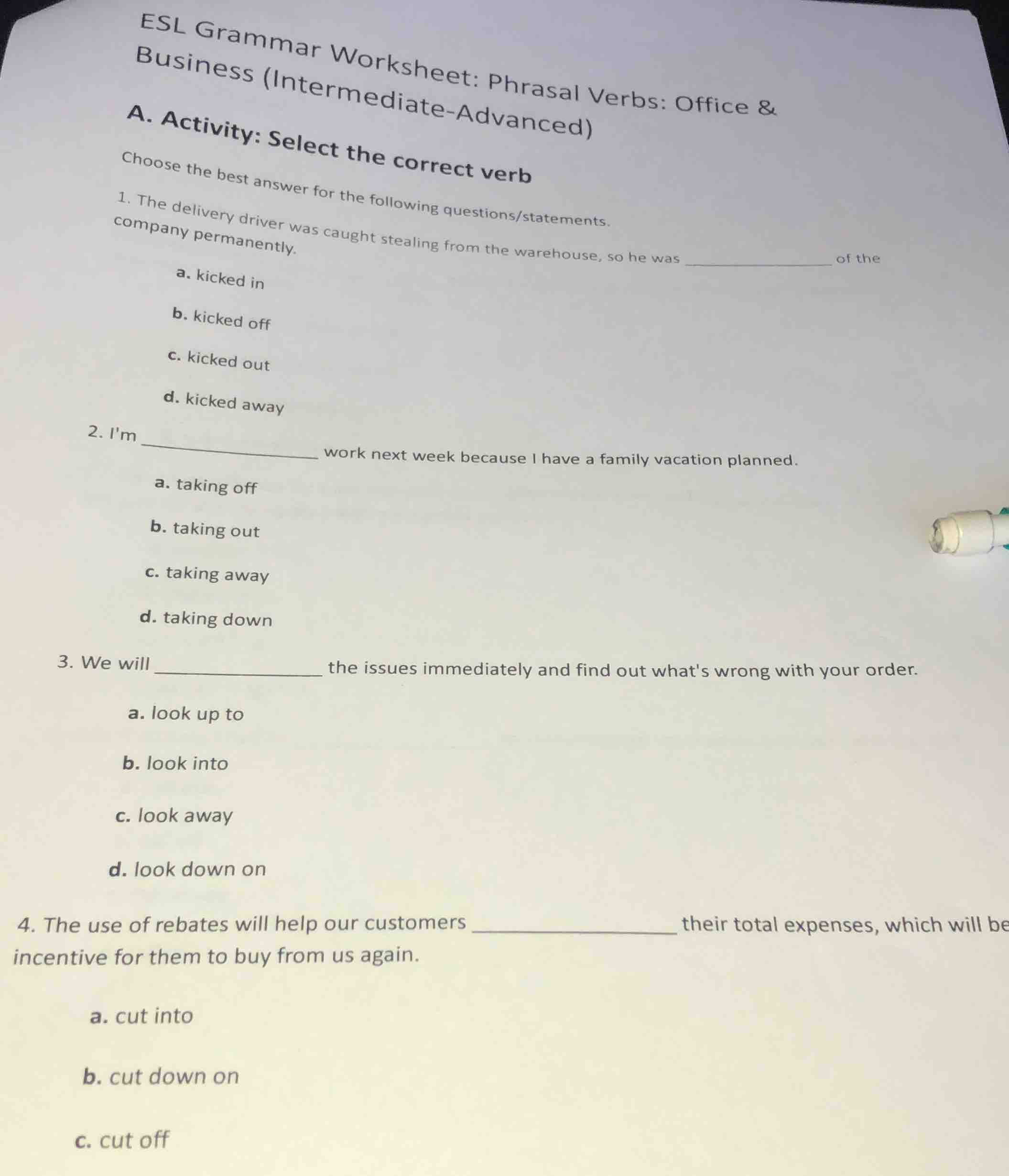 esl grammar worksheet: phrasal verbs: office & business (intermediate-a…