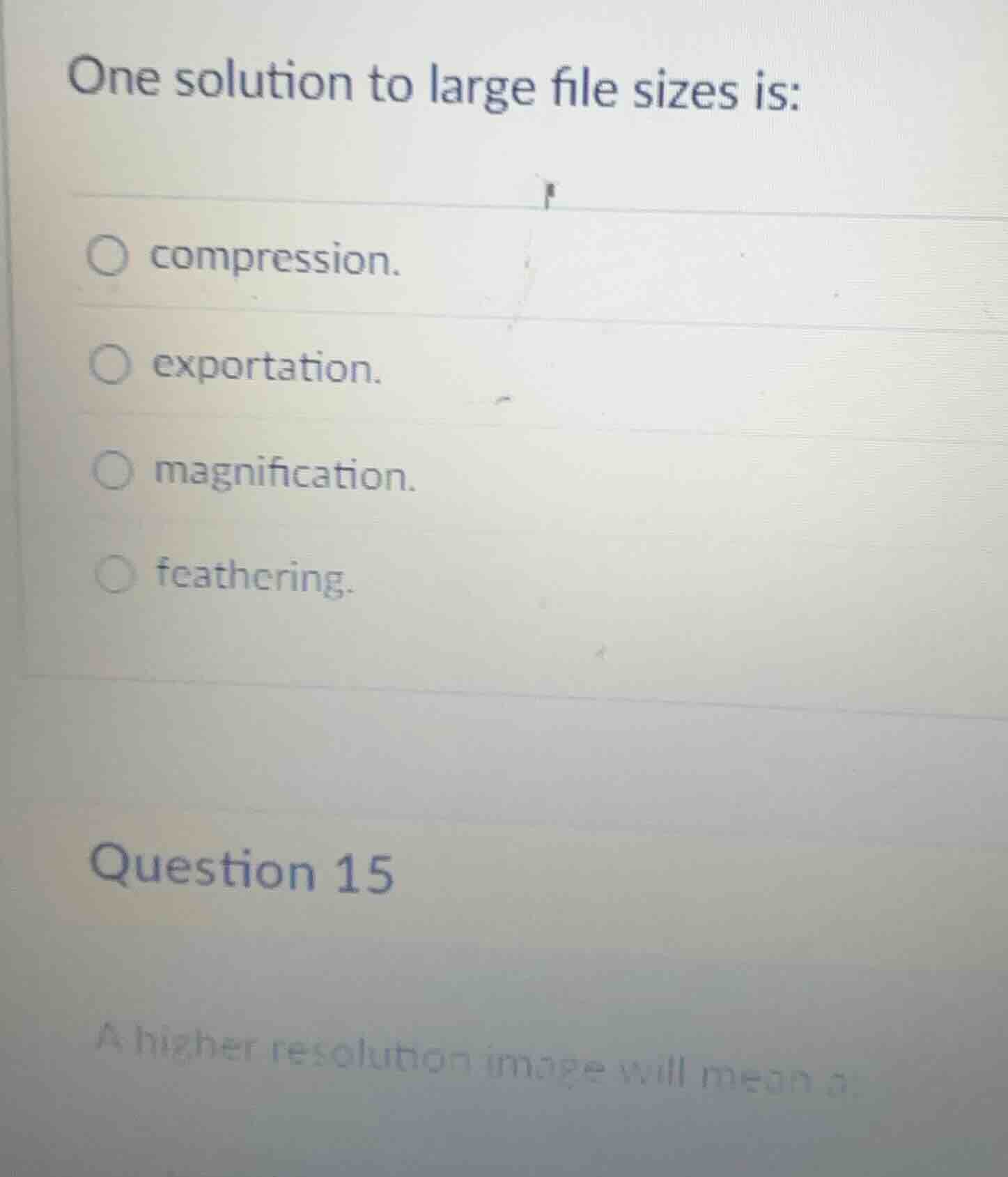 one solution to large file sizes is: ○ compression. ○ exportation. ○ ma…