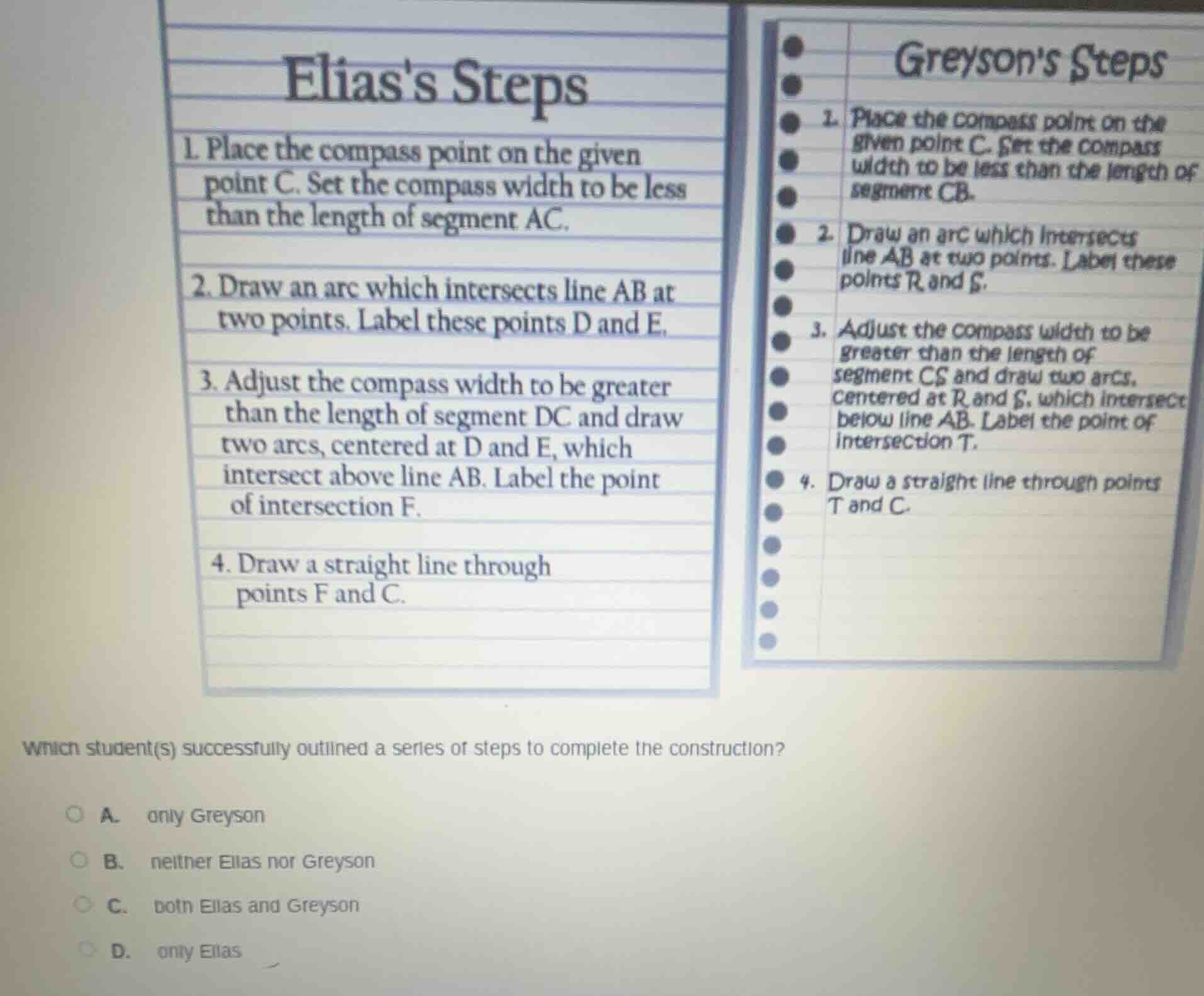 eliass steps 1. place the compass point on the given point c. set the c…
