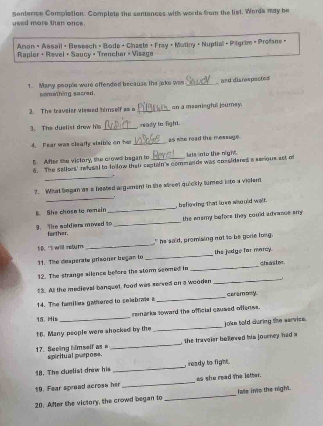 sentence completion: complete the sentences with words from the list. w…