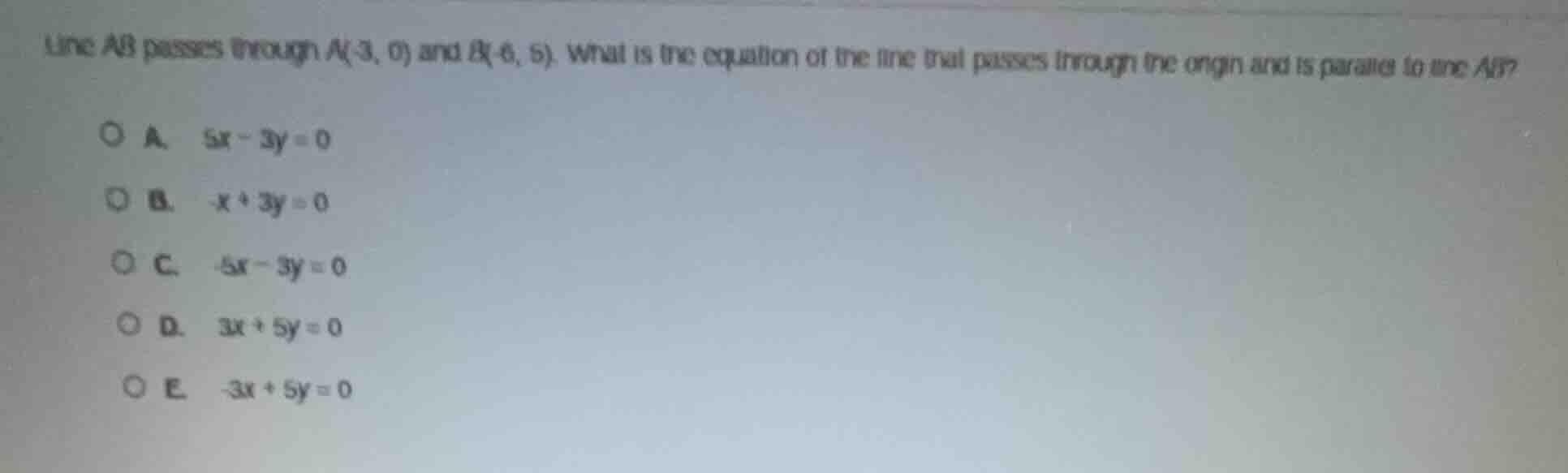line ab passes through a(-3, 0) and b(-6, 5). what is the equation of t…