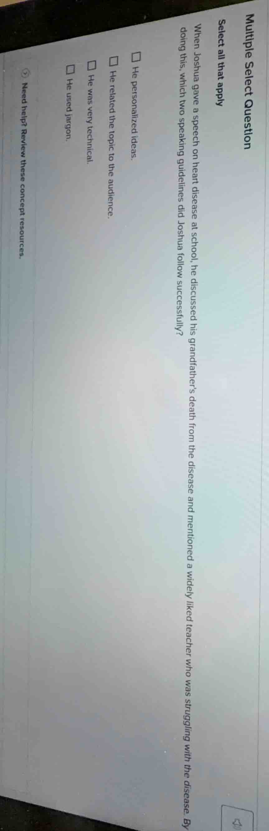 multiple select question select all that apply when joshua gave a speec…