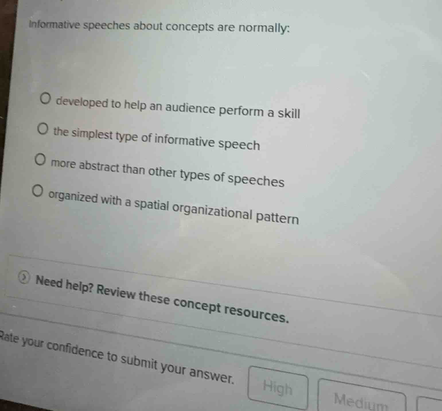 informative speeches about concepts are normally: ○ developed to help a…