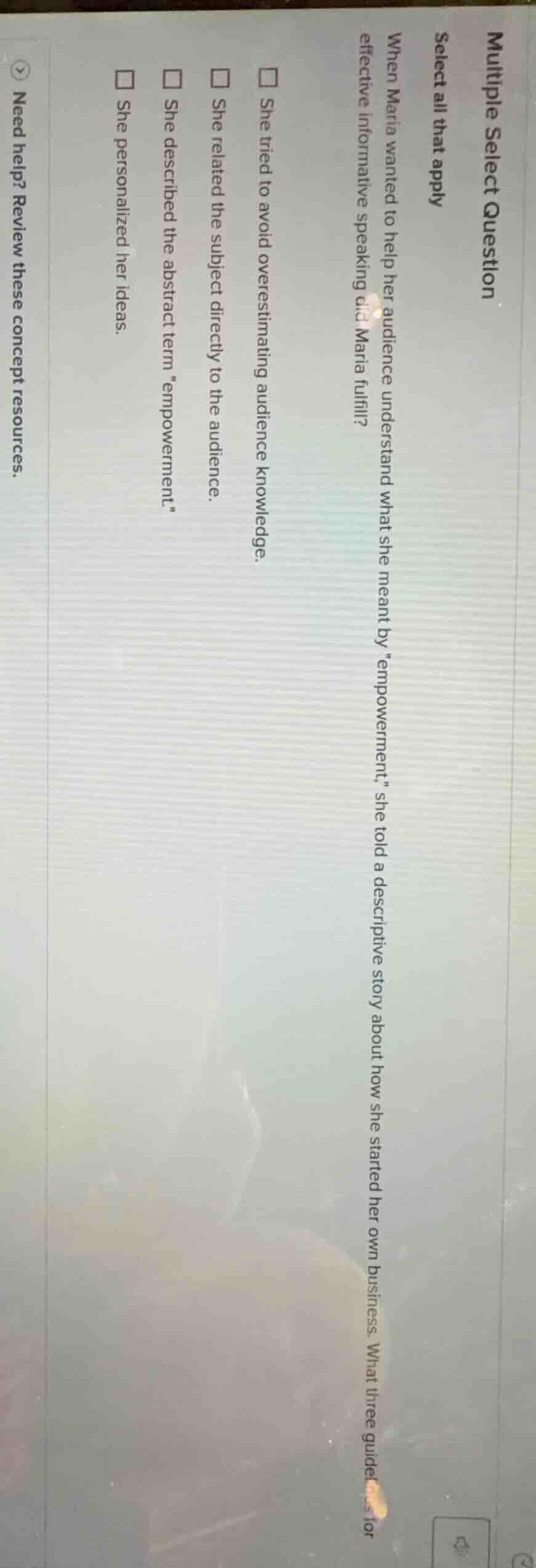 multiple select question select all that apply when maria wanted to hel…