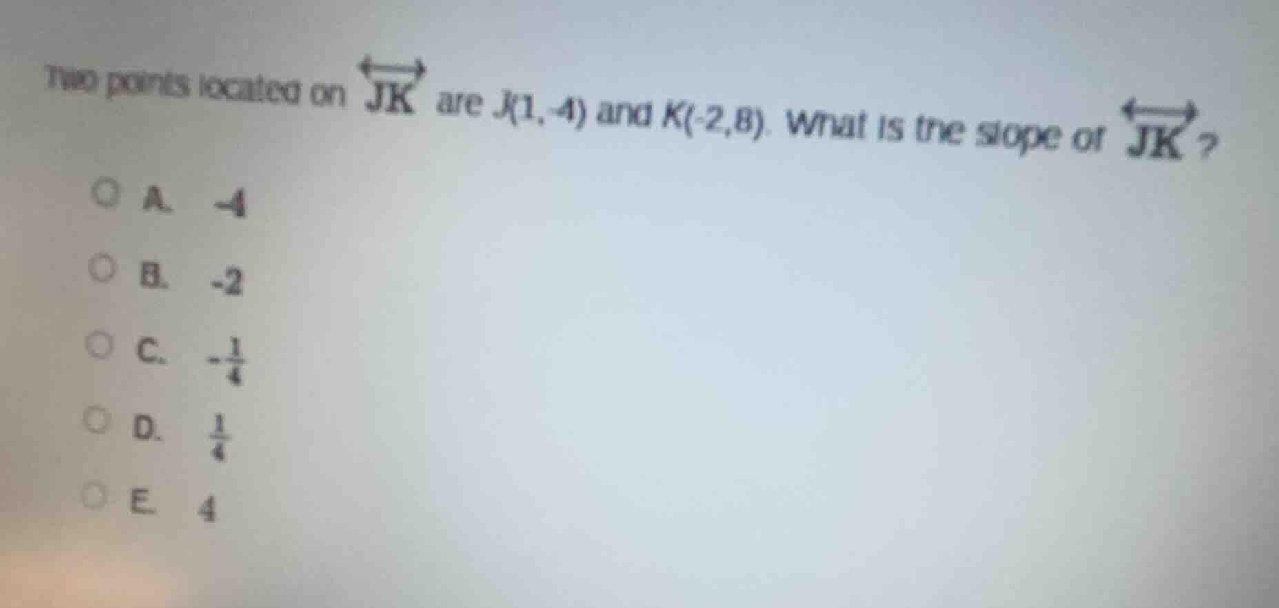 two points located on $overleftrightarrow{jk}$ are $j(1,-4)$ and $k(-2,…
