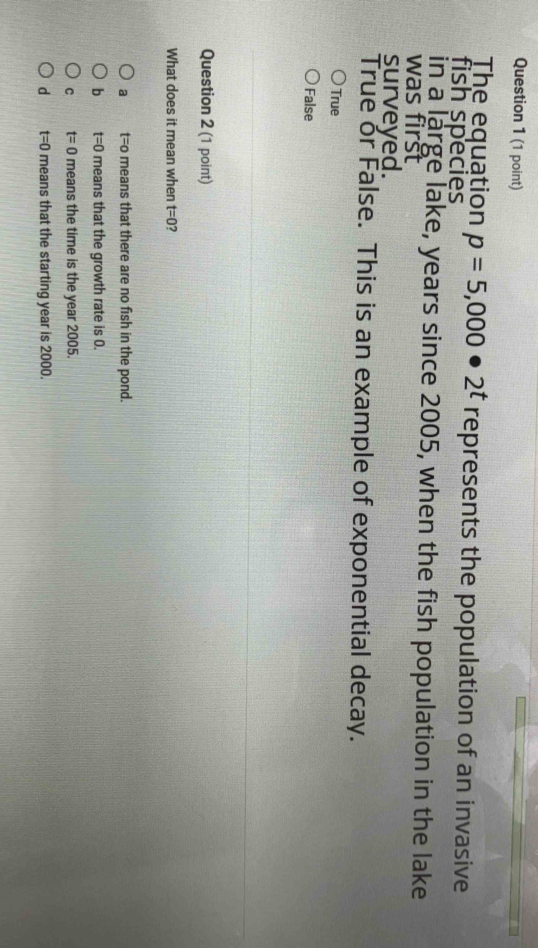 question 1 (1 point)the equation $p = 5,000 \\bullet 2^t$ represents th…