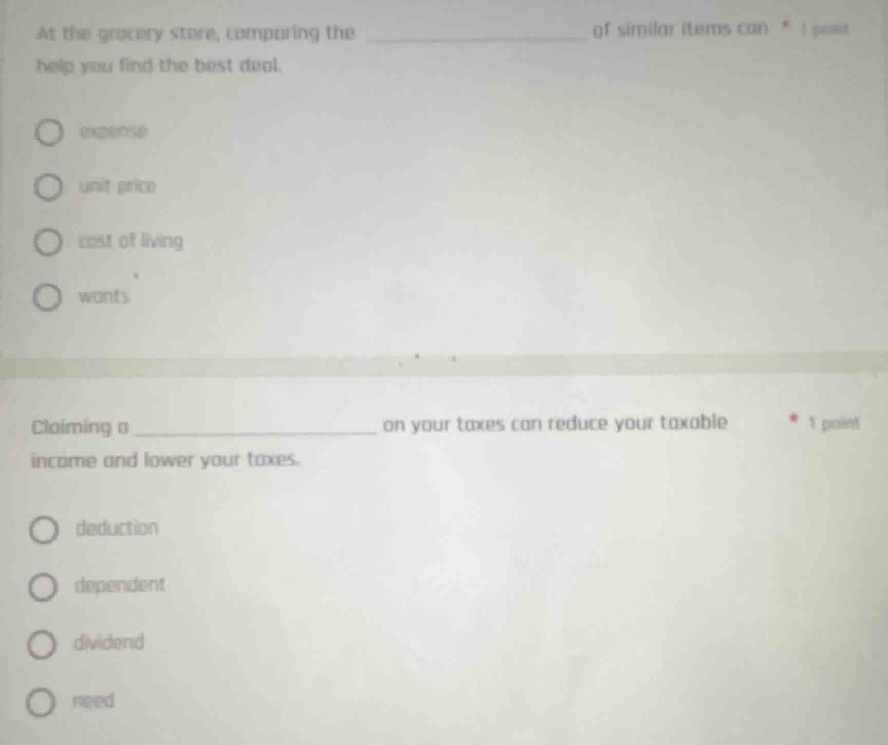 1 point at the grocery store, comparing the _______________ of similar …